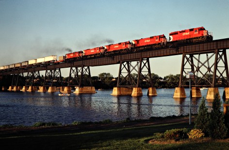 Westbound Canadian Pacific Railway freight train crossing the Trent River in Trenton, Ontario, on May 25, 1980. Photograph by John F. Bjorklund, © 2015, Center for Railroad Photography and Art. Bjorklund-37-13-08