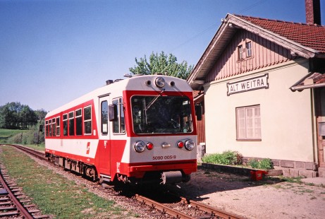 Waldviertler Narrow-Gauge Railway Club diesel railcar no. 5090-005-9 stopped next to the Alt Weitra station in Alt Weitra, Lower Austria, Austria, on May 13, 2001. Photograph by Fred M. Springer, © 2014, Center for Railroad Photography and Art. Springer-Austria-04-11