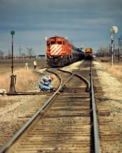 Westbound and eastbound Canadian Pacific Railway freight trains meet at Tilbury, Ontario, on April 17, 1982. Photograph by John F. Bjorklund, © 2015, Center for Railroad Photography and Art. Bjorklund-36-29-05