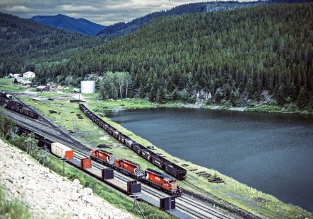 Westbound Canadian Pacific Railway freight train no. 979 at Crowsnest, British Columbia, on July 11, 1983. Photograph by John F. Bjorklund, © 2015, Center for Railroad Photography and Art. Bjorklund-38-03-08