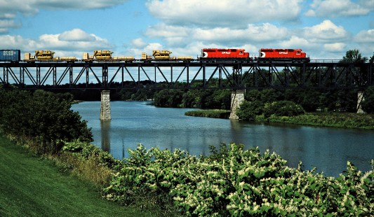 Eastbound Canadian Pacific Railway freight train crossing Grand River at Galt, Ontario, on September 4, 1982. Photograph by John F. Bjorklund, © 2015, Center for Railroad Photography and Art. Bjorklund-37-18-04