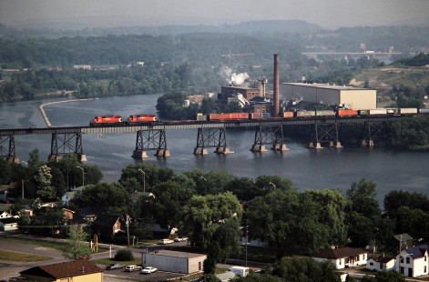Westbound Canadian Pacific Railway freight train crossing Trent River in Trenton, Ontario, on July 5, 1985. Photograph by John F. Bjorklund, © 2015, Center for Railroad Photography and Art. Bjorklund-38-20-18