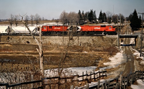 Eastbound Canadian Pacific Railway freight train at Lobo, Ontario, on March 5, 1988. Photograph by John F. Bjorklund, © 2015, Center for Railroad Photography and Art. Bjorklund-39-07-14