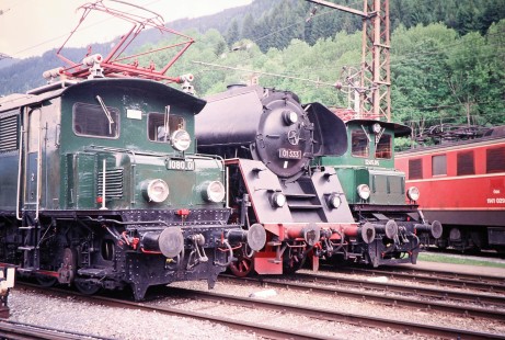 Tw0 Austrian Society for Railway History boxcab electric locomotives (nos. 1080.01 and 1245.05) stand beside steam locomotive no. 01533 in Selzthal, Upper Austria, Austria, on May 24, 2001. Photograph by Fred M. Springer, © 2014, Center for Railroad Photography and Art. Springer-Austria-21-08