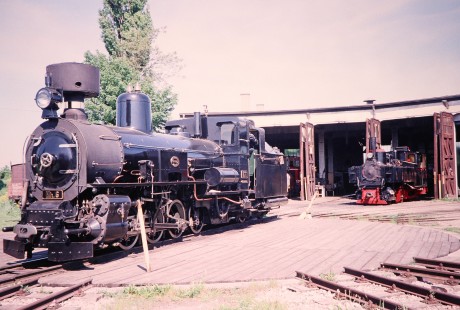 Two Mariazell Railway (Mh6 Krauss) steam locomotives at Grafendorf roundhouse in Grafendorf, Lower Austria, Austria on May 17, 2001. Photograph by Fred M. Springer, © 2014, Center for Railroad Photography and Art. Springer-Austria-11-34