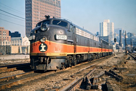 Power for Illinois Central Railroad arriving at Central Station for no. 1, <i>City of New Orleans</i>, in Chicago, Illinois, on April 10, 1971. Photograph by John F. Bjorklund, © 2016, Center for Railroad Photography and Art. Bjorklund-60-01-12