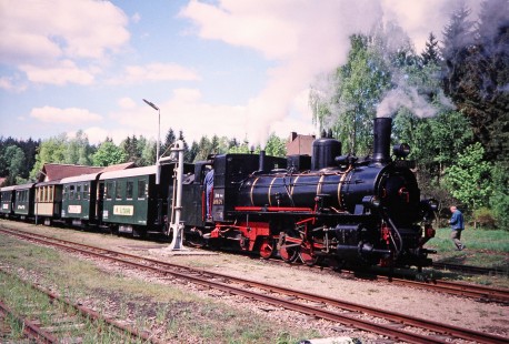 Waldviertler Narrow-Gauge Railway Club steam locomotive no. 399.04 waits by a small station near Nagelberg, Brand-Nagelberg, Austria, on May 12, 2001. Photograph by Fred M. Springer, © 2014, Center for Railroad Photography and Art. Springer-Austria-03-18
