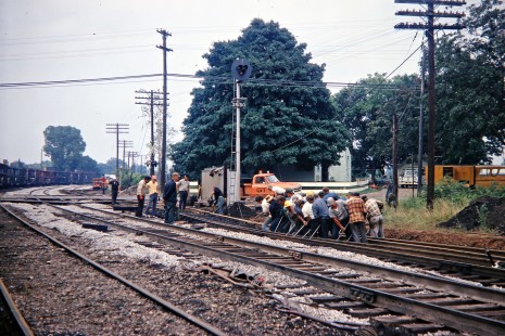 Grand Trunk Western Railroad track crew installing new switch west of GT depot in Durand, Michigan, in August 1970. Photograph by John F. Bjorklund, © 2016, Center for Railroad Photography and Art. Bjorklund-58-08-13