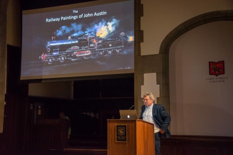 Award-winning artist John Austin presents some of his work in "Smoke, Steam, & Light: A Journey Around the Railways of England, Wales, & Scotland in Oil Paintings." Center for Railroad Photography & Art. Photograph by Steve Barry.