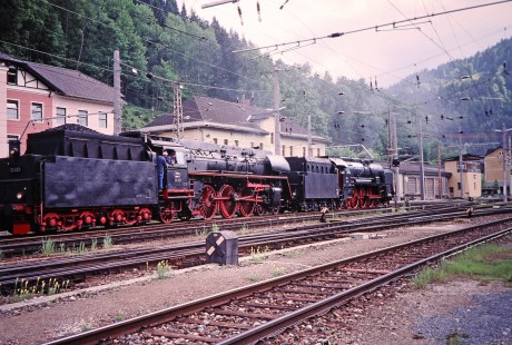 Austrian Society for Railway History steam locomotives nos. 12.14 (2-8-4) and 01533 (4-6-2) pause along the track in Selzthal, Upper Austria, Austria, on May 24, 2001. Photograph by Fred M. Springer, © 2014, Center for Railroad Photography and Art. Springer-Austria-21-16
