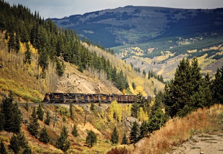 Eastbound Denver and Rio Grande Western Railroad freight train approaching the summit tunnel at Tennessee Pass, Colorado, on September 22, 1986. Photograph by John F. Bjorklund, © 2015, Center for Railroad Photography and Art. Bjorklund-49-02-17