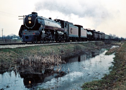 Westbound Canadian Pacific Railway Royal Hudson steam locomotive no. 2860 on Chesapeake and Ohio Railway track in Webberville, Michigan, on April 18, 1978. Photograph by John F. Bjorklund, © 2015, Center for Railroad Photography and Art. Bjorklund-37-06-11