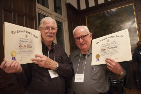 Joe McMillan and Steve Patterson display Railway & Locomotive Historical Society awards at Friday night dinner. Center for Railroad Photography and Art. Photograph by Henry A. Koshollek