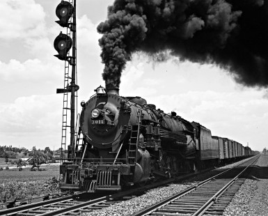 Reading Company 2-10-2 no. 3011 pulling a westbound freight train past a signal at Emmaus, Pennsylvania, in June of 1940. Photograph by Donald W. Furler,  © 2017, Center for Railroad Photography and Art, Furler-03-113-04