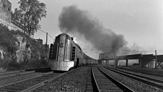 Reading Company 4-6-2 streamlined steam locomotive no. 118 pulling westbound passenger train no. 607, "The Crusader," at Jersey City, New Jersey, on September 13, 1939. Photograph by Donald W. Furler,  © 2017, Center for Railroad Photography and Art, Furler-08-043-01