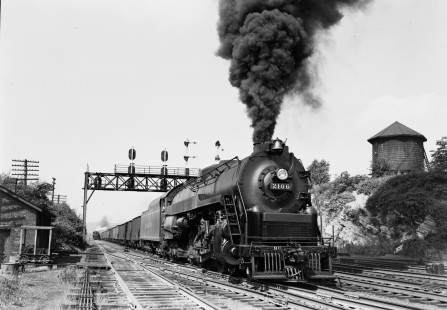 Reading Company 4-8-4 steam locomotive no. 2106 pulling an eastbound freight train at Bethlehem, Pennsylvania, circa 1950. 2-8-0 no. 1969 was pushing this train; see Furler-19-043-01. Photograph by Donald W. Furler, © 2017, Center for Railroad Photography and Art,  Furler-19-042-02