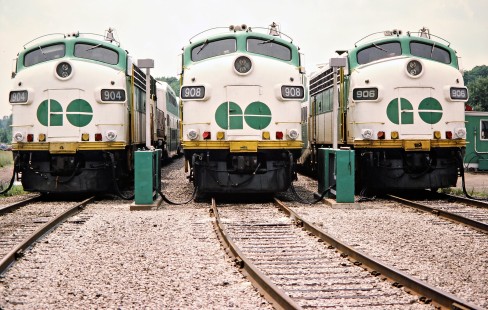 GO Transit locomotives at Guelph, Ontario, on June 27, 1987. Photograph by John F. Bjorklund, © 2015, Center for Railroad Photography and Art. Bjorklund-39-06-19