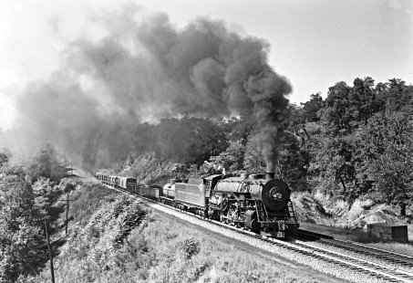 Western Maryland Railway steam locomotive no. 1121 pulls westbound freight train no. 1 near Frostburg, Maryland, circa 1952. Furler-22-091-01;  © 2017, Center for Railroad Photography and Art