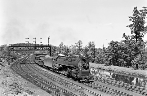 Reading Company 4-8-4 steam locomotive no. 2100 pulling a westbound freight train along the Lehigh Coal & Navigation Company canal at Allentown, Pennsylvania, on May 21, 1949. Photograph by Donald W. Furler, © 2017, Center for Railroad Photography and Art, Furler-19-039-01