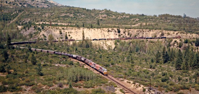 Westbound Canadian Pacific Railway freight train near Castlegar, British Columbia, on July 15, 1973. Photograph by John F. Bjorklund, © 2015, Center for Railroad Photography and Art. Bjorklund-36-21-07