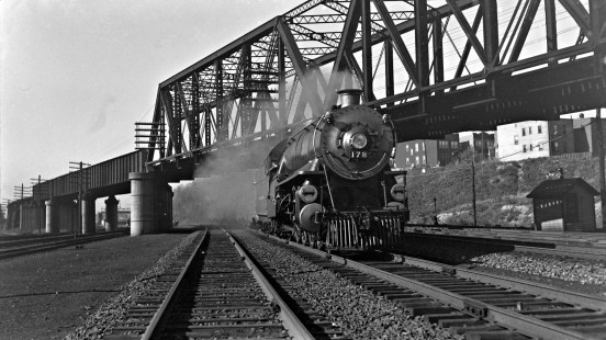 Reading Company 4-6-2 steam locomotive no. 178 pulling eastbound passenger train no. 636, "The Crusader," at Jersey City, New Jersey, on October 13, 1939. Photograph by Donald W. Furler,  © 2017, Center for Railroad Photography and Art, Furler-08-045-03