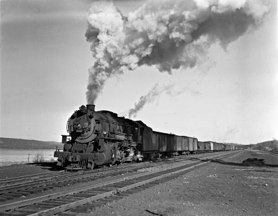Delaware Lackawanna and Western Railroad 2-8-2 steam locomotive no. 2142 leads westbound freight train near Port Morris, New Jersey, in 1941. Photograph by Donald Furler. Furler-03-017-04.JPG; © 2017, Center for Railroad Photography and Art