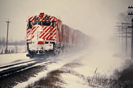 Westbound Canadian Pacific Railway freight train in the snow at Kent Bridge, Ontario, on April 5, 1975. Photograph by John F. Bjorklund, © 2015, Center for Railroad Photography and Art. Bjorklund-37-15-02