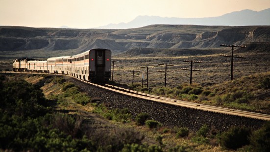 Westbound Amtrak <i>California Zephyr</i> passenger train on Denver and Rio Grande Western Railroad at Mounds, Utah, on May 11, 1986. Photograph by John F. Bjorklund, © 2015, Center for Railroad Photography and Art. Bjorklund-48-16-02