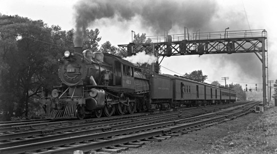 Reading Company 4-6-0 camelback steam locomotive no. 613 pulling westbound passenger train no. 195 at Allentown, Pennsylvania, in June of 1939. Photograph by Donald W. Furler, © 2017, Center for Railroad Photography and Art, Furler-08-046-03