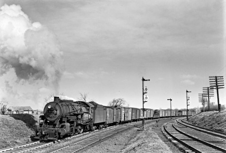 Reading Company 2-8-0 steam locomotive no. 1951 pulling a freight train through Emmaus Junction, Pennsylvania, which used both Hall Disc and upper quadrant semaphore signals at the time. Photograph by Donald W. Furler,  © 2017, Center for Railroad Photography and Art, Furler-19-026-02