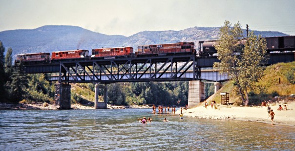 Westbound Canadian Pacific Railway freight train on a summer day near Castlegar, British Columbia, on July 15, 1973. Photograph by John F. Bjorklund, © 2015, Center for Railroad Photography and Art. Bjorklund-36-21-15