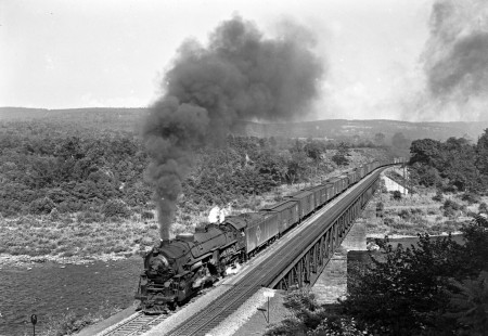 Erie Railroad 2-8-4 no. 3380 pulling a westbound freight train across the Delaware River bridge at Millrift, Pennsylvania, circa 1947. Photograph by Donald W. Furler, © 2017, Center for Railroad Photography and Art, Furler-11-061-01