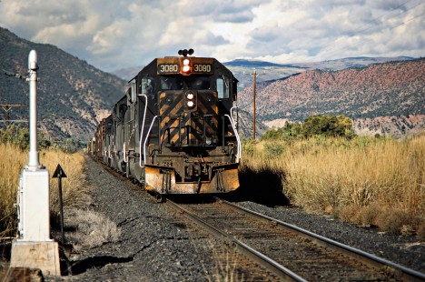 Eastbound Denver and Rio Grande Western Railroad freight train at Granite, Colorado, on September 22, 1986. Photograph by John F. Bjorklund, © 2015, Center for Railroad Photography and Art. Bjorklund-49-01-20