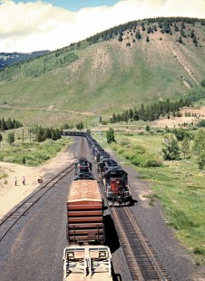 Southern Pacific freight trains meeting at Pando, Colorado, on July 10, 1993. This is the former Denver and Rio Grande Western line over Tennessee Pass. The Rio Grande acquired the much bigger SP in 1988, but retain the name of the larger road. Photograph by John F. Bjorklund, © 2015, Center for Railroad Photography and Art. Bjorklund-49-16-06