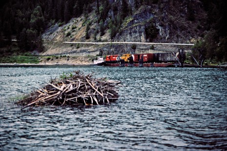 Canadian Pacific Railway local freight train on barge in Slocan Lake at Rosebery, British Columbia, on July 14, 1983. Photograph by John F. Bjorklund, © 2015, Center for Railroad Photography and Art. Bjorklund-38-07-03