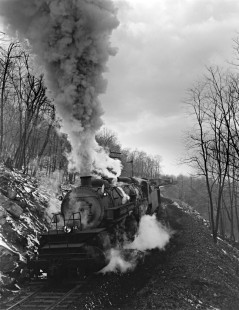 Western Maryland Railway 2-8-8-2 steam locomotive no. 921 and 2-8-0 no. 814 (not pictured) pull an eastbound train a mile west of Highfield, Maryland on February 22, 1941.  Furler-03-118-01, © 2017, Center for Railroad Photography and Art