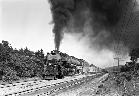 Western Maryland Railway 4-6-6-4 steam locomotive no. 1202 hauls an eastbound train in at the siding in Deal, Pennsylvania circa 1952. Furler-22-094-01; © 2017, Center for Railroad Photography and Art