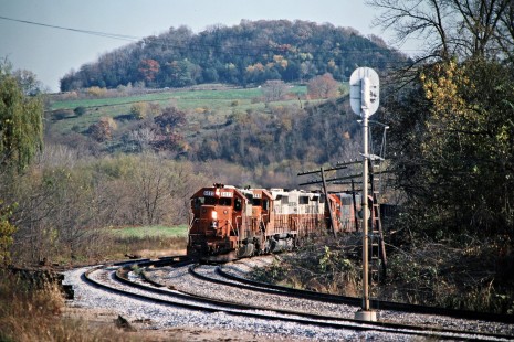 Westbound Illinois Central Gulf Railroad freight train in Galena, Illinois, on October 1981. Photograph by John F. Bjorklund, © 2016, Center for Railroad Photography and Art. Bjorklund-60-17-08