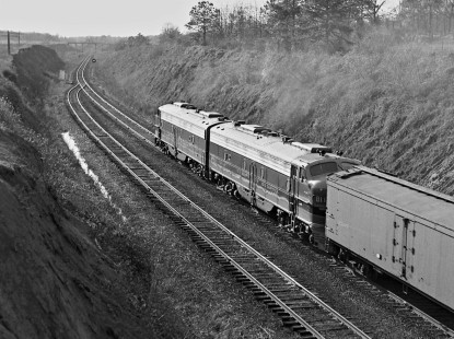 Birmingham-bound Central of Georgia Railway <i>Seminole</i> passenger train accelerates on main line north of Opelika, Alabama, in July 1954. Photograph by J. Parker Lamb, © 2016, Center for Railroad Photography and Art. Lamb-02-010-06