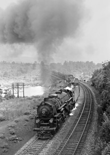 Erie Railroad 2-8-4 steam locomotive no. 3358 pulling a westbound freight train across the Delaware River at Millrift, Pennslyvania, on September 4, 1947. Photograph by Donald W. Furler, © 2017, Center for Railroad Photography and Art, Furler-21-004-02