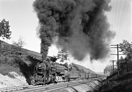 Reading Company 2-10-2 steam locomotive no. 3008 puling a westbound freight train up the grade to Locust Summit at Gordon, Pennsylvania, circa 1950. Photograph by Donald W. Furler, © 2017, Center for Railroad Photography and Art, Furler-19-054-01