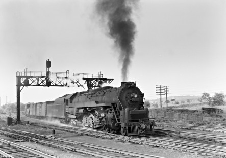 Reading Company 4-8-4 T-1 steam locomotive no. 2115 pulling a westbound freight train at East Penn Junction in Allentown, Pennsylvania, circa 1950.  Thanks to "Friends of Reading Railroad" Facebook group for helping to identify this image! Photograph by Donald W. Furler, © 2017, Center for Railroad Photography and Art, Furler-19-047-01