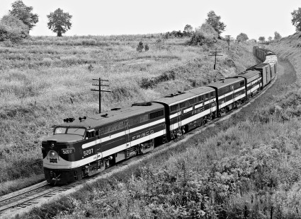 Memphis-bound Frisco Lines freight train weaves through S-curve near New Albany, Mississippi, in October 1954. Photograph by J. Parker Lamb, © 2016, Center for Railroad Photography and Art. Lamb-02-001-07