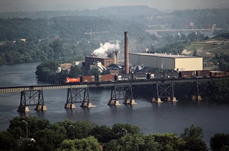 Westbound Canadian Pacific Railway freight train crossing Trent River in Trenton, Ontario, on July 5, 1985. Photograph by John F. Bjorklund, © 2015, Center for Railroad Photography and Art. Bjorklund-38-20-20