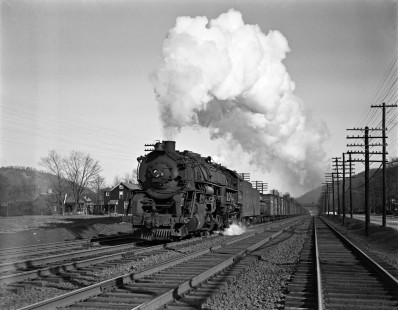 Erie Railroad 2-8-4 steam locomotive no. 3378 pulling a freight train through Suffern, New York, on April 14, 1946. Photograph by Donald W. Furler, © 2017, Center for Railroad Photography and Art, Furler-03-054-04