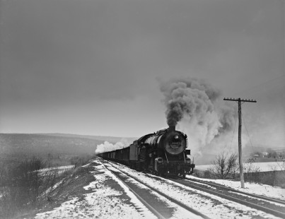Reading Company 2-8-2 no. 1717 pulling an eastbound freight train with locomotives nos. 1902 and 1695 pushing at Ringtown, Pennsylvania, on November 17, 1940. This was the third of three eastbound trains that ran in close succession every Sunday afternoon on the Catawissa Branch. Photograph by Donald W. Furler,  © 2017, Center for Railroad Photography and Art, Furler-03-109-03