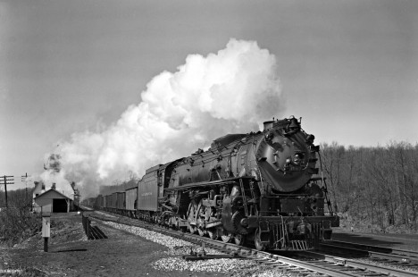 Delaware, Lackawanna, and Western Railroad 4-8-4 steam locomotive no. 1644 hauls eastbound freight train of 50 cars near Johnsonburg, New Jersey, on March 16, 1946. Photograph by Donald Furler. Furler-11-119-01.JPG; © 2017, Center for Railroad Photography and Art