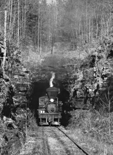 Outbound Twin Seams Mining Company train emerges from summit tunnel of Kellerman, Alabama, in December 1959. Photograph by J. Parker Lamb, © 2016, Center for Railroad Photography and Art. Lamb-02-037-03