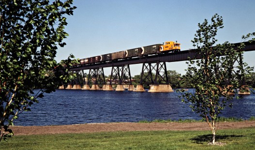 Eastbound Canadian Pacific Railway freight train crossing the Trent River in Trenton, Ontario, on May 25, 1980. Photograph by John F. Bjorklund, © 2015, Center for Railroad Photography and Art. Bjorklund-37-13-13