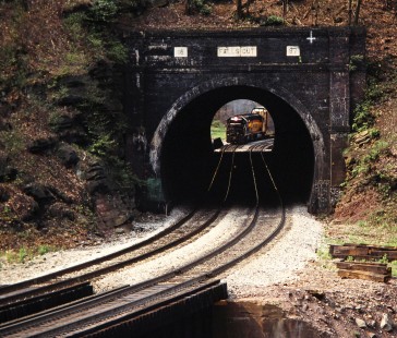 Eastbound CSX Transportation freight train entering tunnel at Falls Cut, Pennsylvania, on May 14, 1988. Photograph by John F. Bjorklund, © 2015, Center for Railroad Photography and Art. Bjorklund-44-02-11